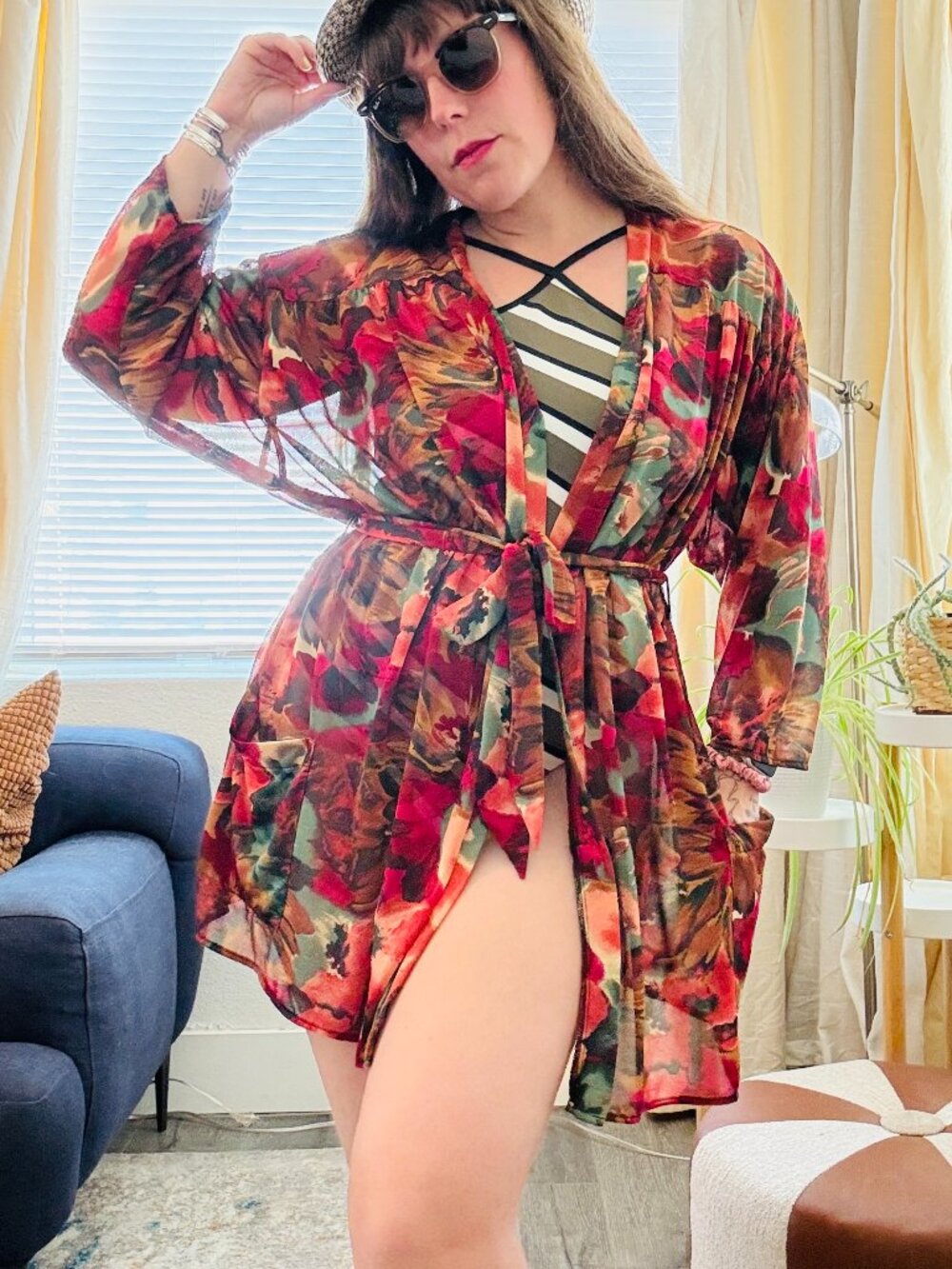 Vintage Swim Cover Up 90s Jantzen Floral Belted Sheer | Size M/L